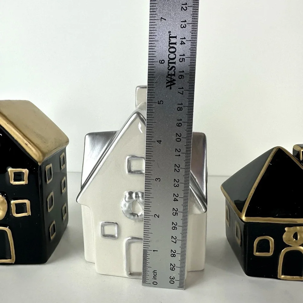 Becki Owens Ceramic Christmas Village Houses Decor Set Of‎ 4  Black White Gold